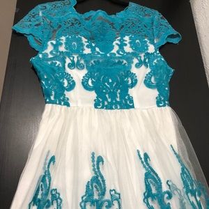 Vintage Tulle Ivory and Teal Wedding/ Party Dress